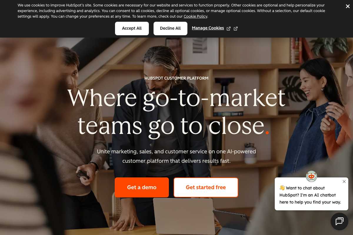 HubSpot homepage showing go-to-market CRM positioning — no MRR-specific tooling visible