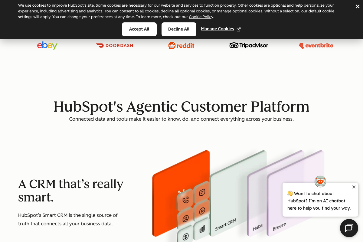 HubSpot 'Agentic Customer Platform' diagram showing Smart CRM, Hubs, and Breeze as integrated components.