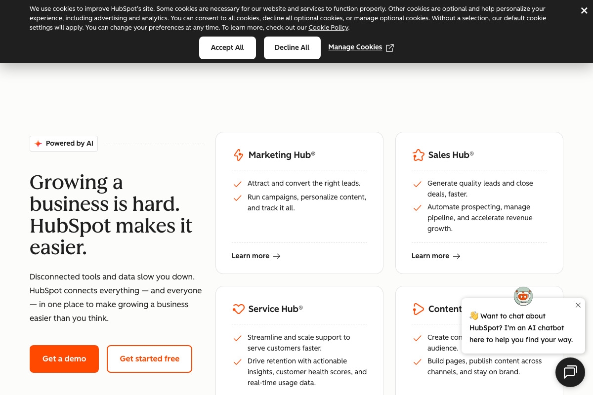 HubSpot hub overview showing native metric framing for Marketing Hub, Sales Hub, Service Hub, and Content Hub.