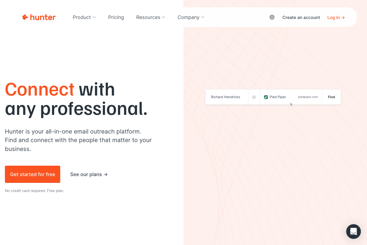 Hunter.io homepage showing all-in-one email outreach platform positioning and name-plus-domain contact finder interface.