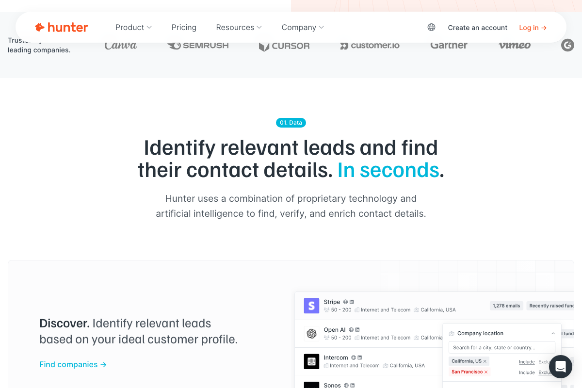 Hunter.io homepage mid-scroll showing AI-powered contact discovery with company filtering by size, location, and industry.