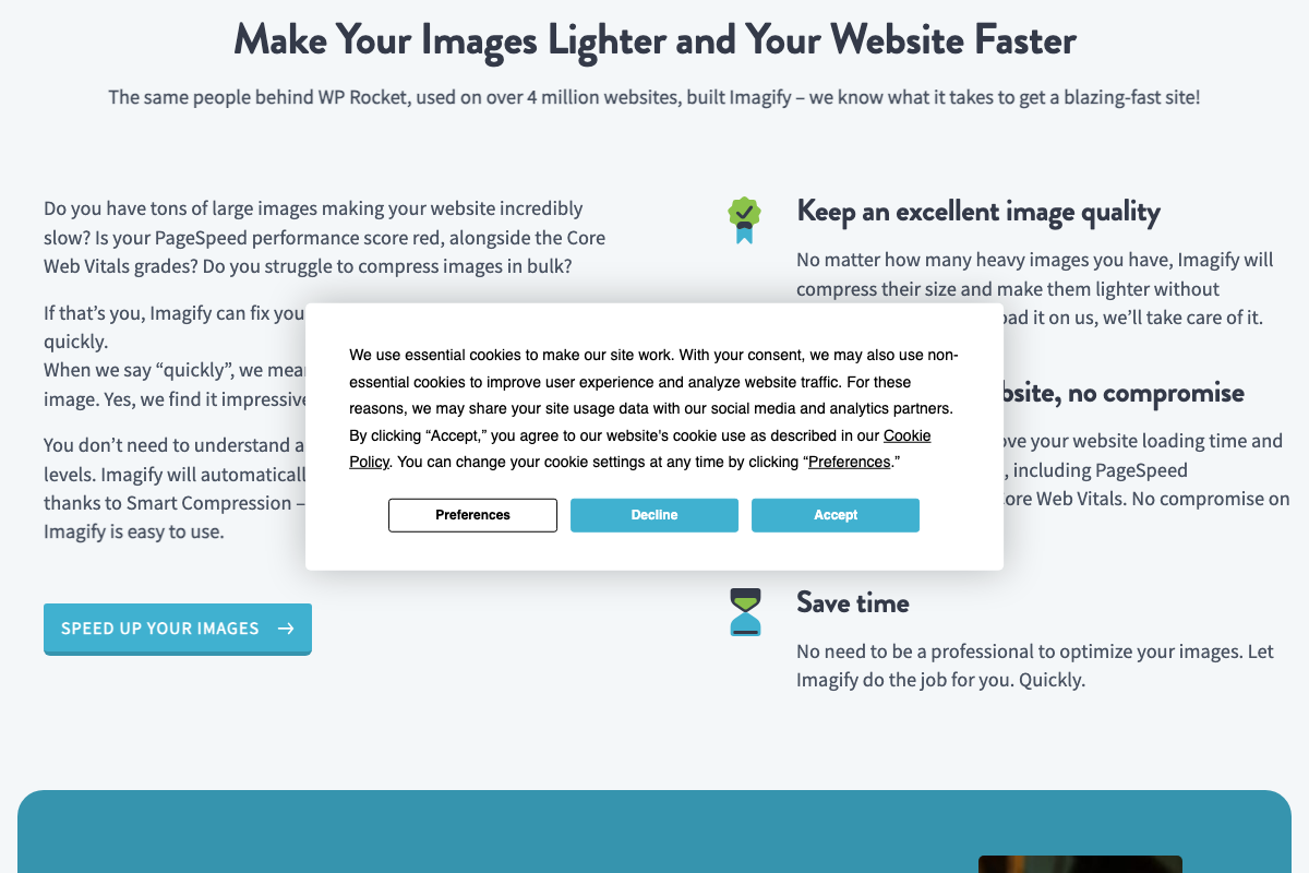 Imagify product page confirming WP Rocket team origin and Smart Compression targeting PageSpeed and Core Web Vitals
