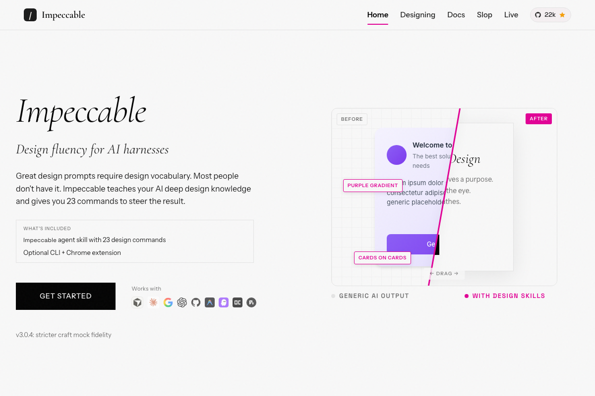 Impeccable v3.0.4 homepage at impeccable.style, showing the agent skill ships with 23 design commands and an optional CLI + Chrome extension, and works with multiple AI platforms.