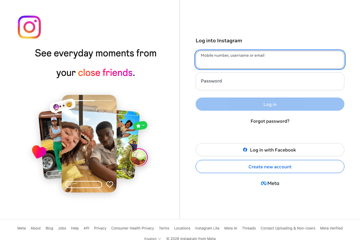 Instagram's 2026 login page — hero imagery built around candid human moments, contextually consistent with the lo-fi content strategy described in this step.