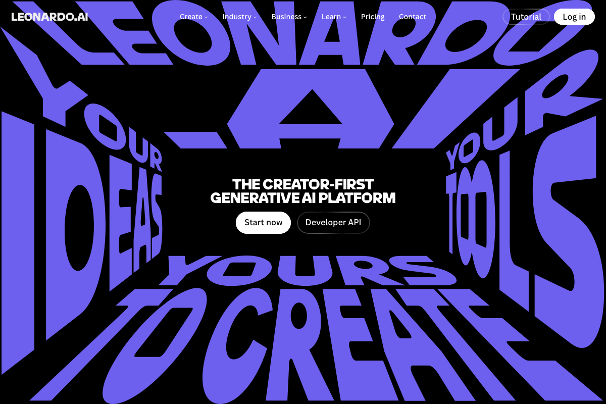 Leonardo.AI homepage confirming the platform is live; Create, Industry, Business, Learn, Pricing, and Contact menus visible in the top navigation.