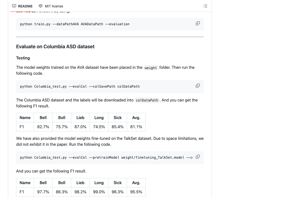 Light-ASD Columbia ASD benchmark results: 81.1% avg F1 base, 95.5% avg F1 TalkSet fine-tuned