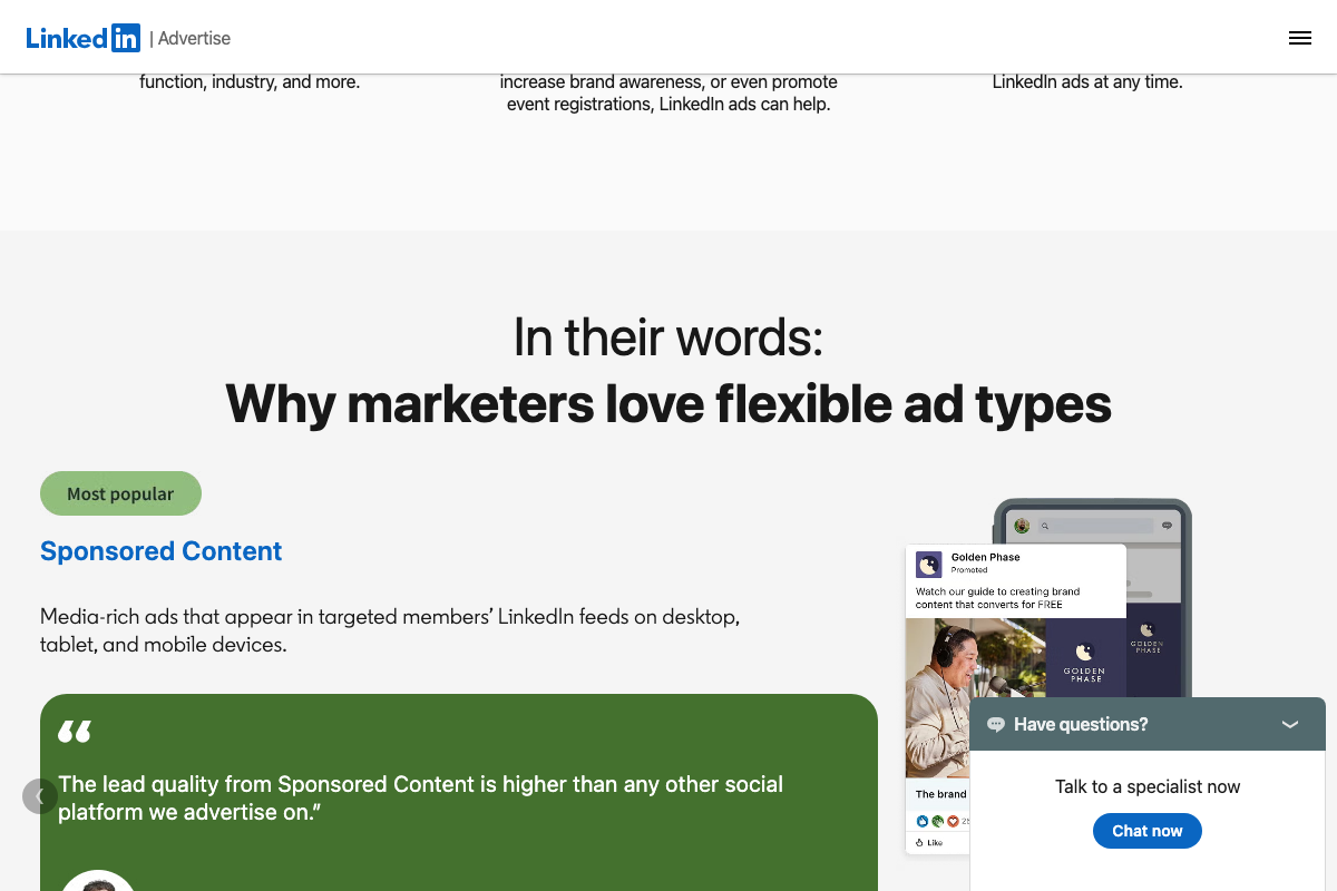 LinkedIn Ads product page confirming Sponsored Content as the primary B2B format, with a lead-quality testimonial contextualizing the platform's targeting proposition.