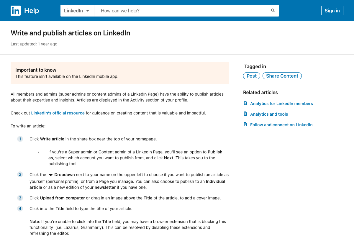 LinkedIn Help (answer/a522427) confirming Articles as a profile-indexed format distinct from feed posts, with newsletter listed as an optional publishing destination.