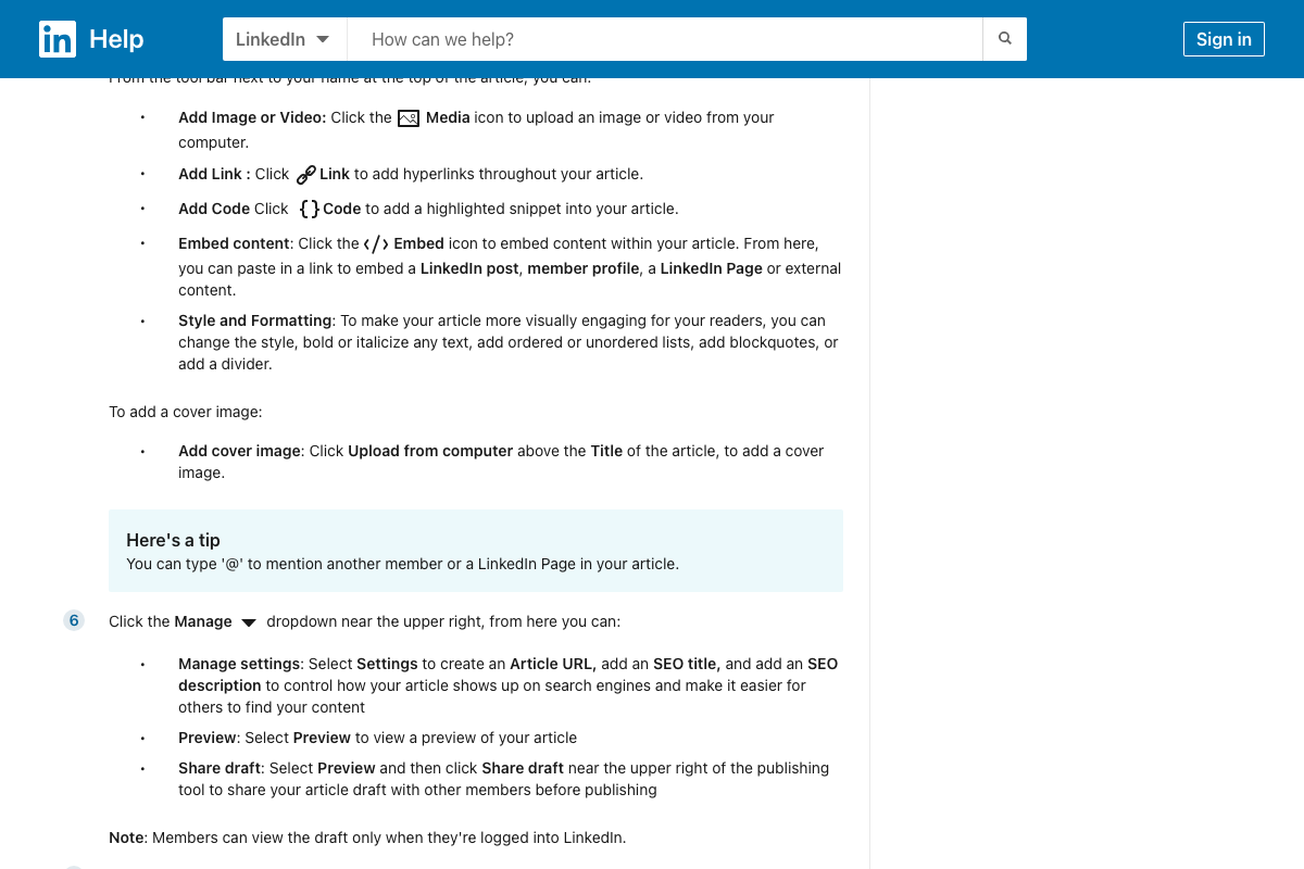 LinkedIn Article editor Manage dropdown showing SEO title, SEO description, and custom Article URL fields confirming platform-native metadata control.