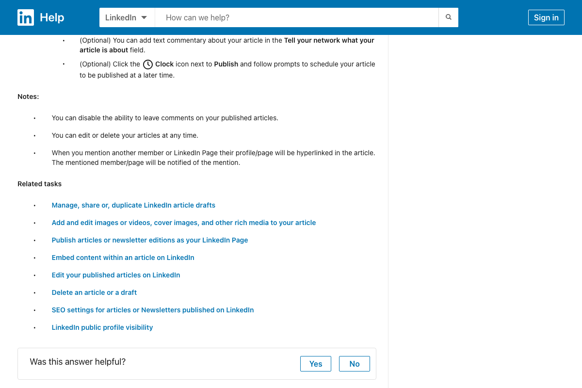LinkedIn Article publishing options showing the 'Tell your network what your article is about' field alongside scheduling controls and post-publish edit/delete capabilities.