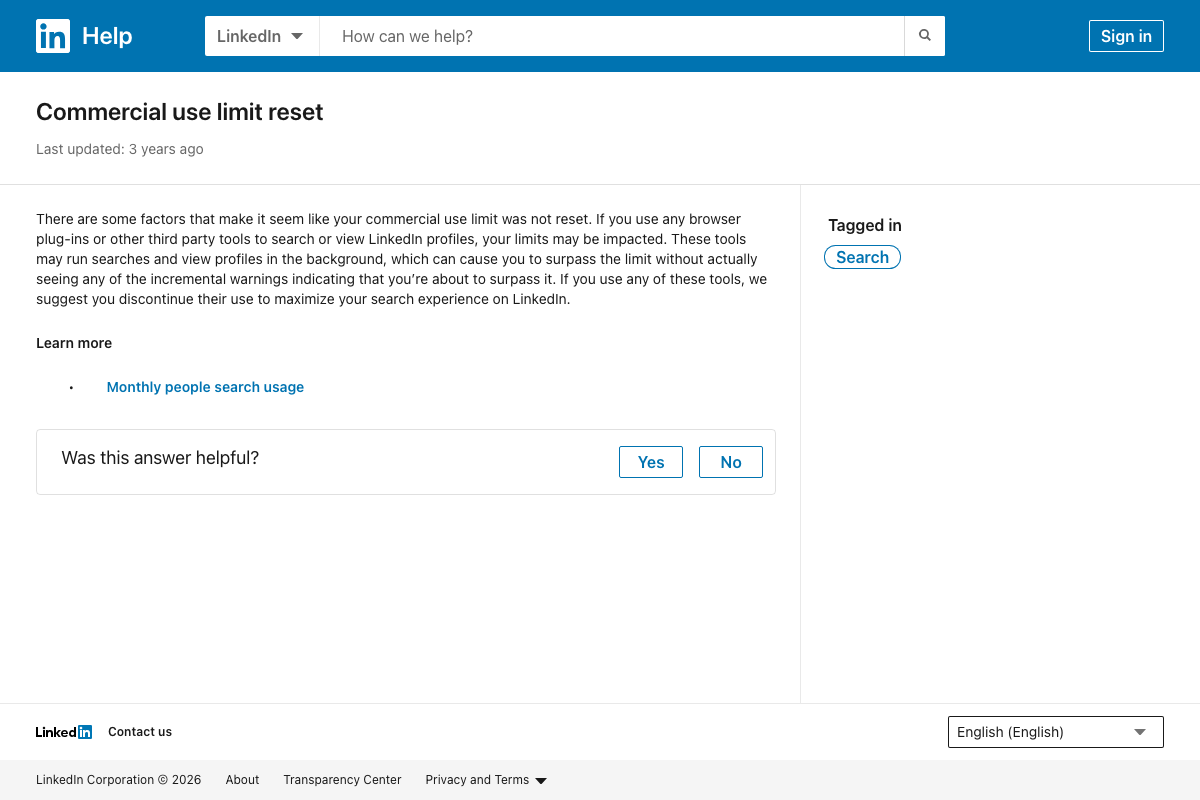 LinkedIn Help answer/a528024 — 'Commercial use limit reset,' not Newsletter documentation. Step 6 notification claims are unverified.