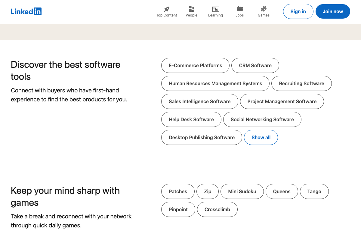 LinkedIn homepage lower sections showing software discovery category grid and games feature