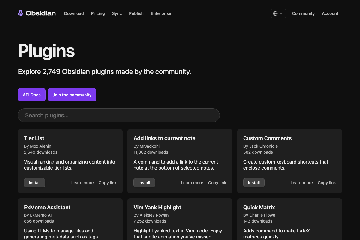 obsidian.md/plugins confirms 2,749 community plugins exist; Local Images Plus does not surface in the default sort and requires a name search to locate.