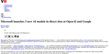 Article backdrop: Microsoft launches 3 new AI models in direct shot at OpenAI