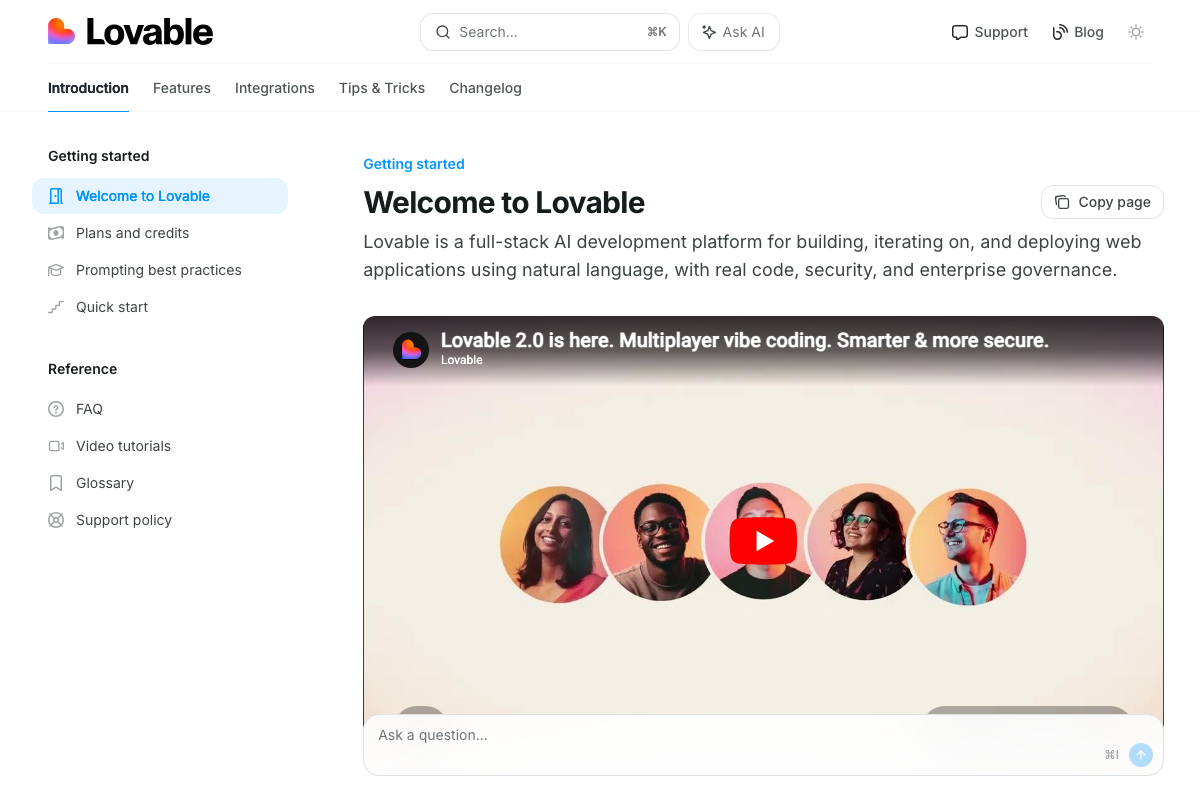 Lovable documentation welcome page defining the platform as a full-stack AI web app builder powered by natural language