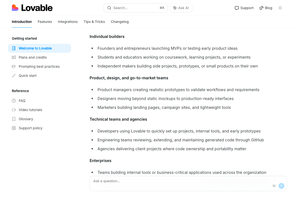 Lovable documentation listing target user segments, with marketers building landing pages explicitly named