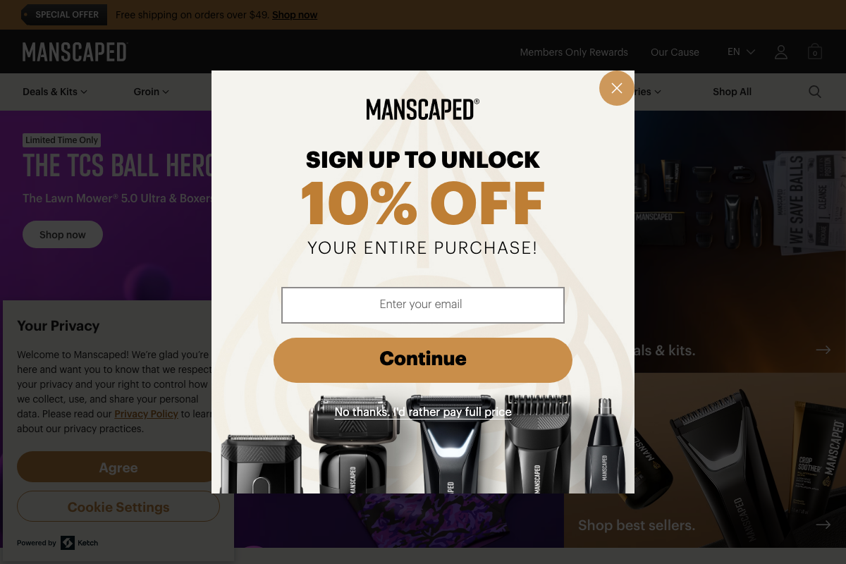 MANSCAPED homepage email opt-in modal (manscaped.com, April 2026) — the wordmark rendered independently of product imagery, illustrating brand identity as separate from product lineup