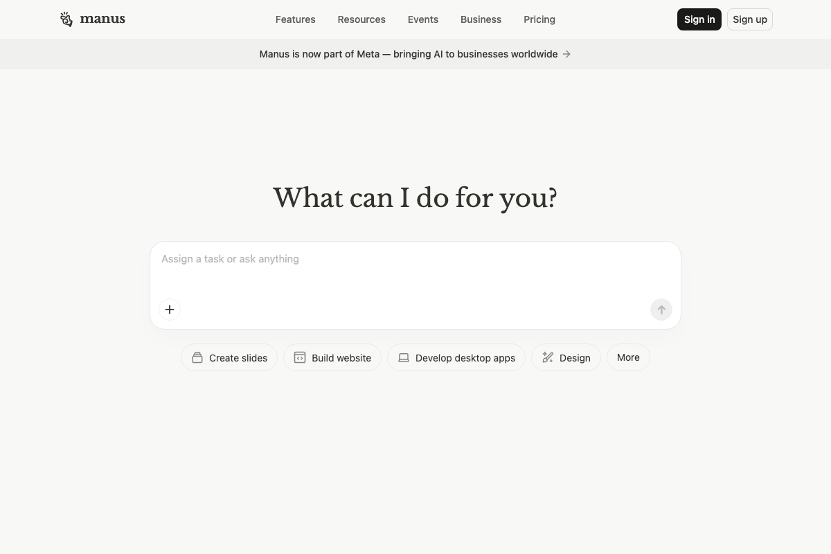 Manus homepage showing the open-ended task prompt interface and a site-wide banner announcing Manus is now part of Meta