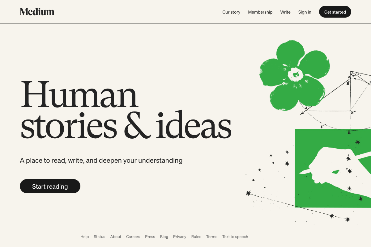Medium homepage — live publishing platform confirmed; paid membership model visible in navigation