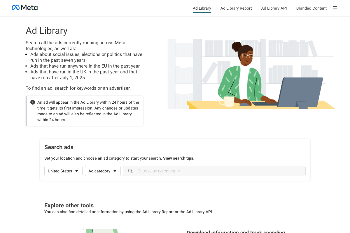Meta Ad Library at facebook.com/ads/library — country and ad category selection required before advertiser name can be entered