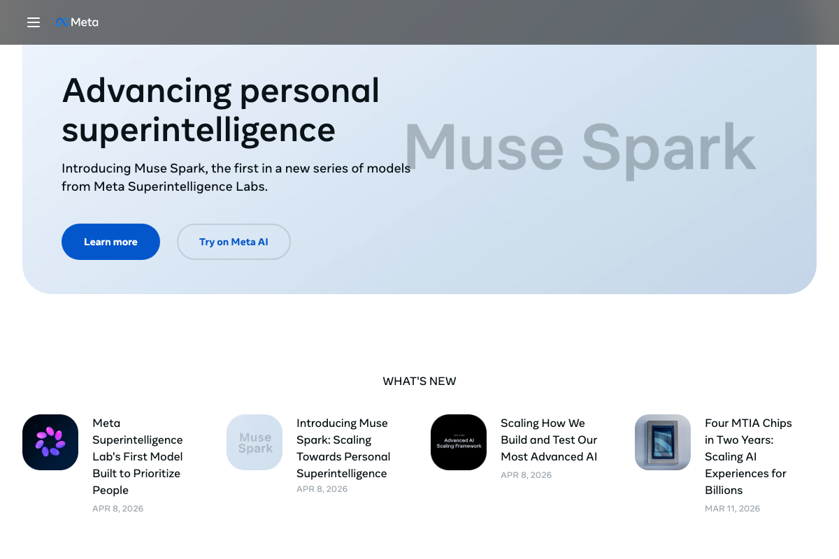 ai.meta.com featuring Muse Spark from 'Meta Superintelligence Labs' — the official one-word spelling differs from the video's usage.