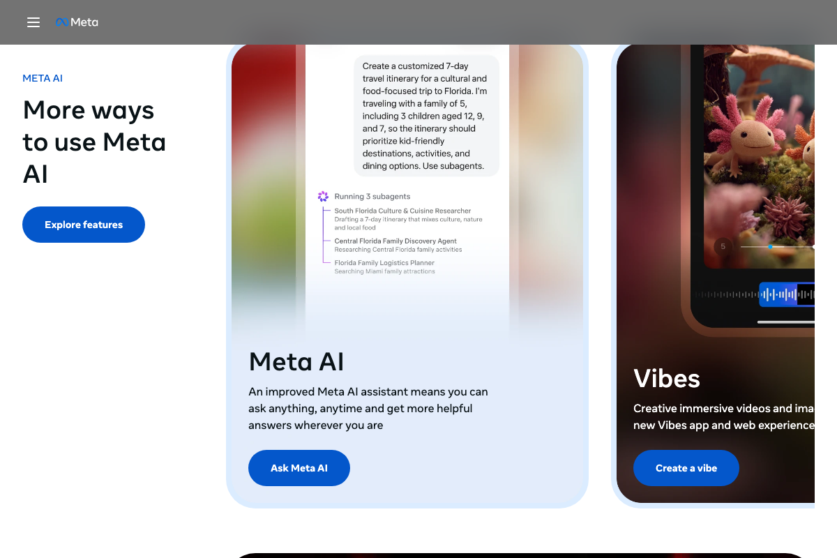 Meta AI product features page showing assistant and Vibes surfaces — no Muse Spark benchmark data or API preview details visible.