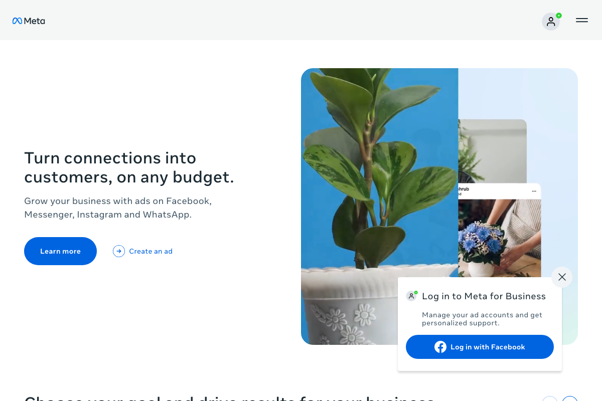 Meta for Business homepage confirming the cross-surface ad network scope across Facebook, Messenger, Instagram, and WhatsApp, April 2026.