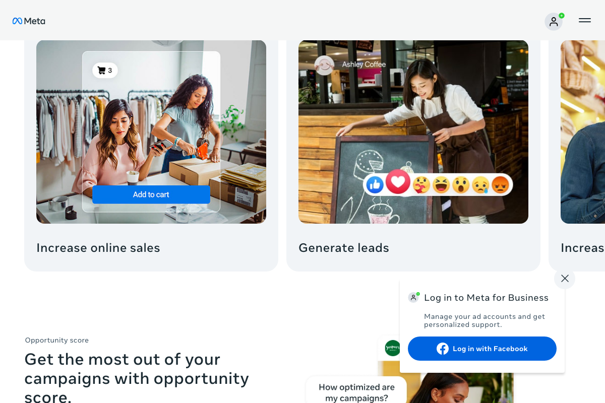 Meta for Business page showing campaign objective options and the Opportunity Score feature, April 2026.