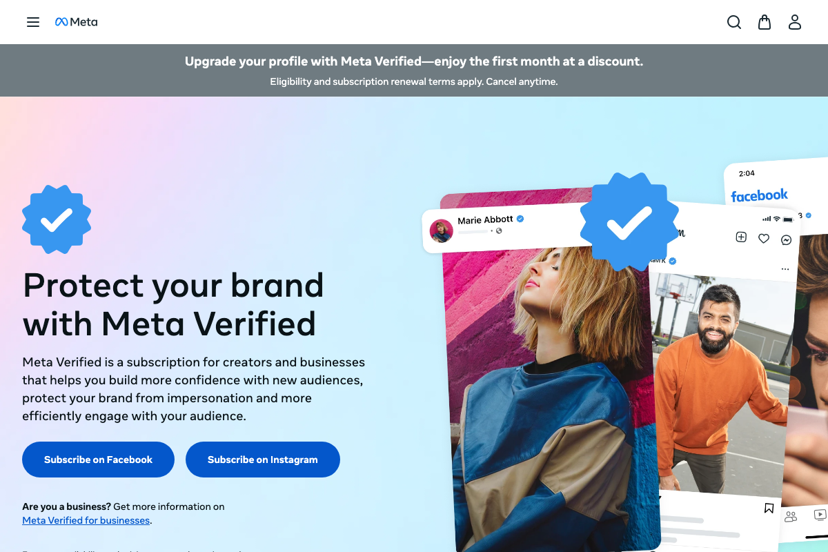 Meta Verified landing page at meta.com/verified confirming separate creator and business subscriber tracks