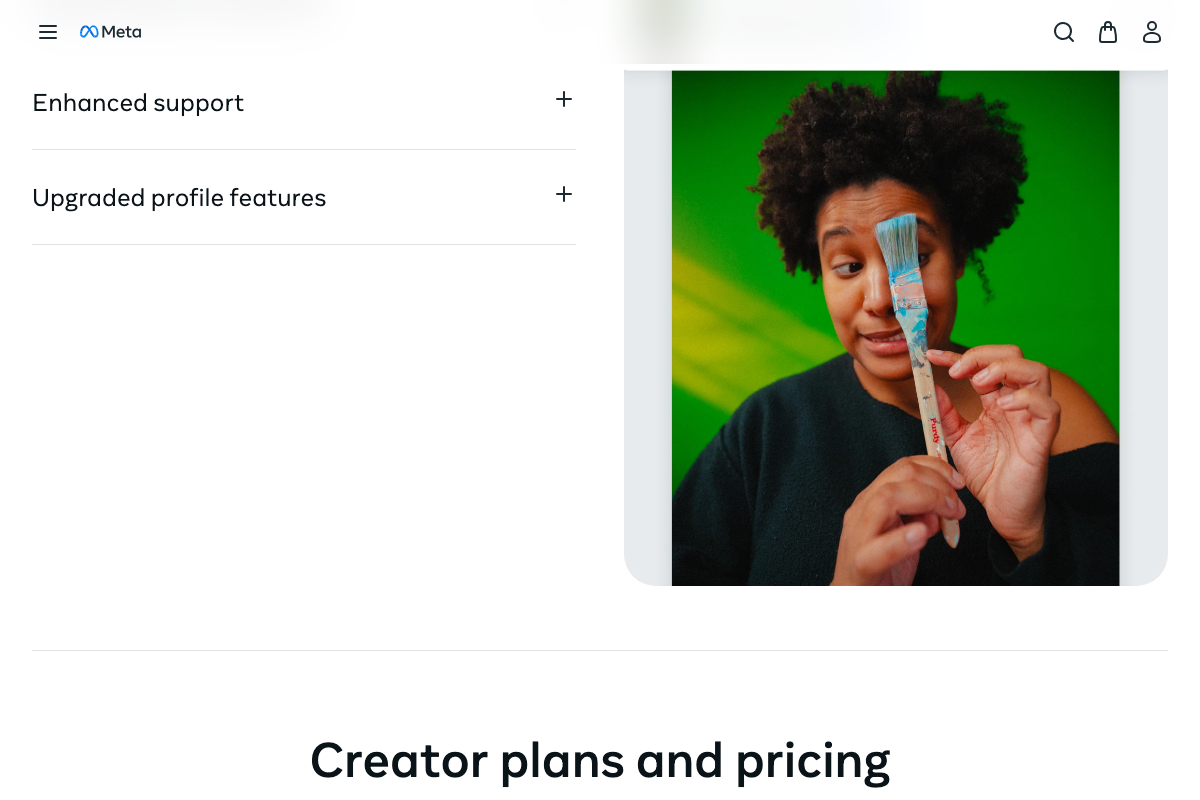 Meta Verified 'Creator plans and pricing' section heading visible at meta.com/verified — pricing table rows not rendered in captured area
