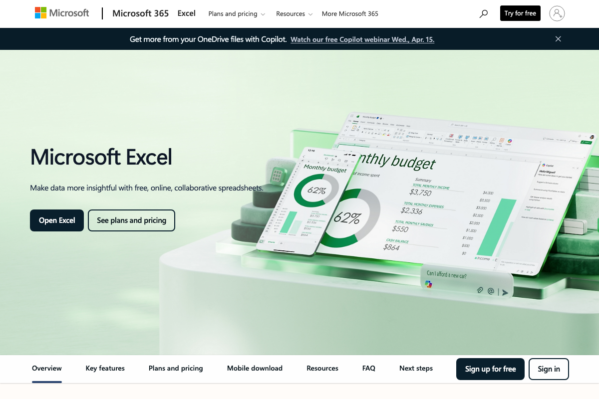 Microsoft Excel product page with Copilot AI integration as the primary marketed feature