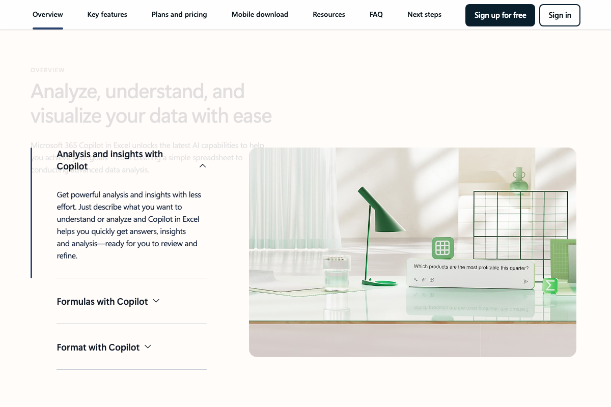 Excel 'Analysis and insights with Copilot' section showing natural language query interface and dataset analysis
