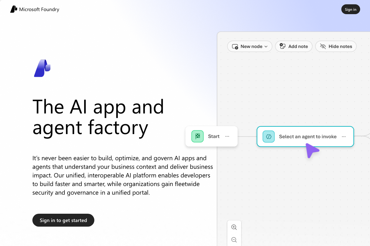 Microsoft Foundry homepage at ai.azure.com, branded 'The AI app and agent factory,' requiring sign-in to access model and agent tools