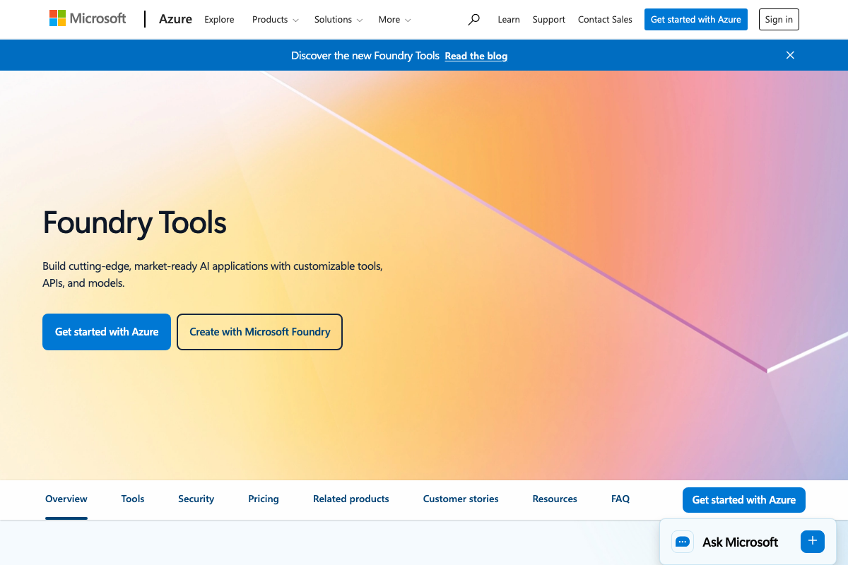 Azure AI Services page (azure.microsoft.com) presenting Foundry Tools with CTAs: 'Get started with Azure' and 'Create with Microsoft Foundry'