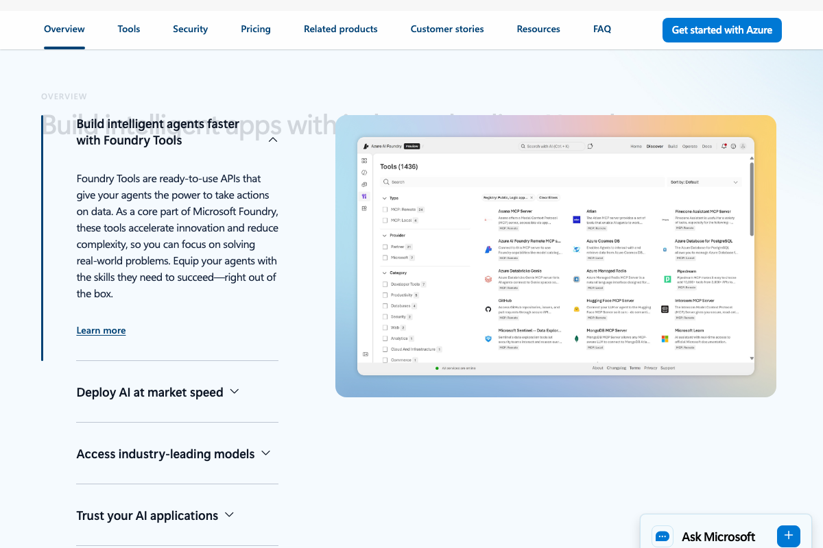Azure AI Services Foundry Tools overview showing a catalog of 1,436 tools with expandable sections for deployment speed, model access, and governance