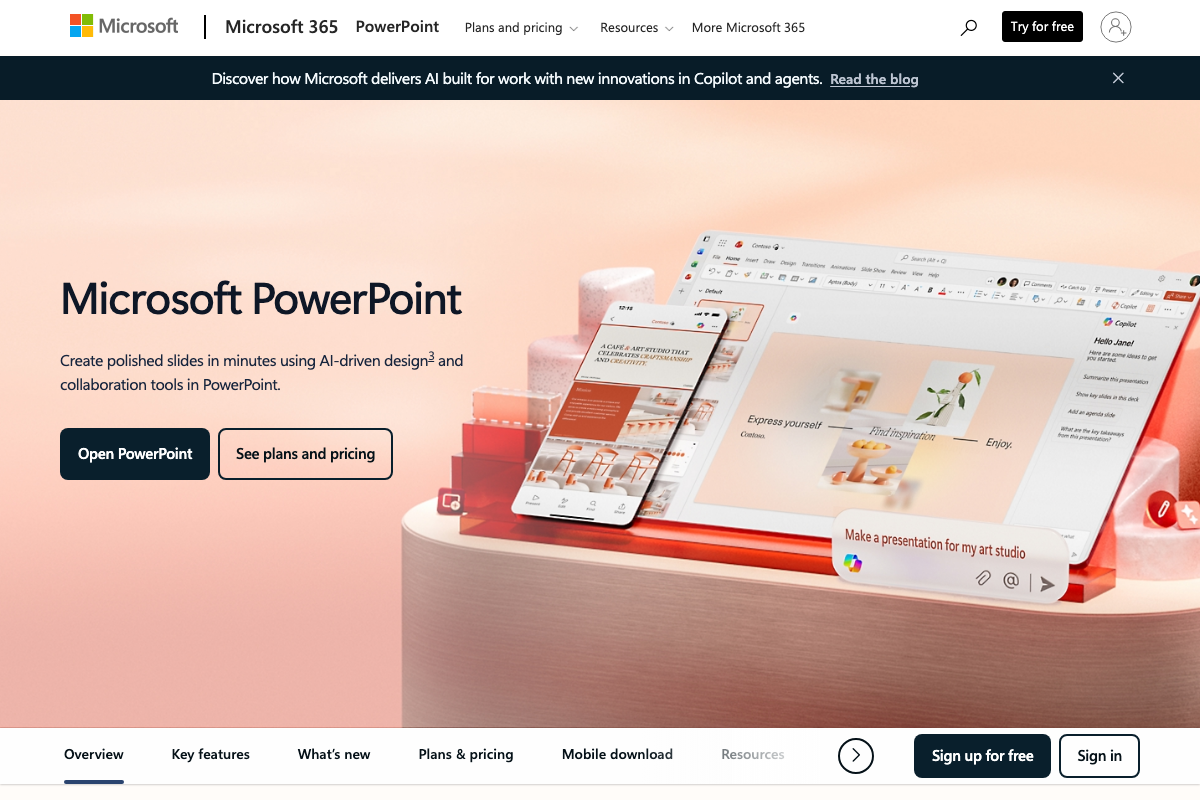 Microsoft PowerPoint product page as of April 2026, highlighting Copilot AI integration for slide creation. No Claude Design export integration is referenced.