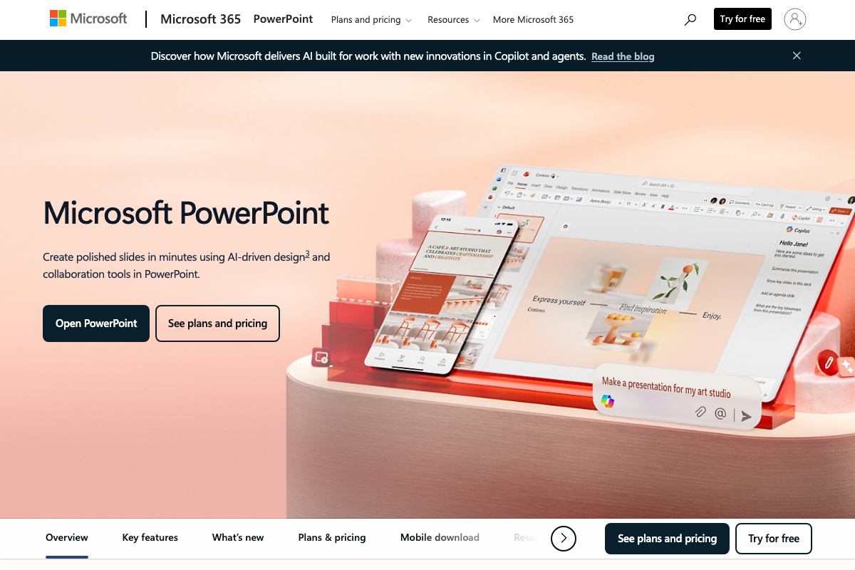 Microsoft PowerPoint product page positioning Copilot as the primary AI slide-generation tool