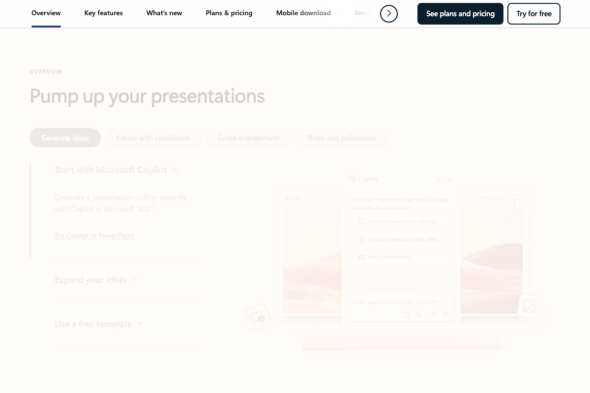 PowerPoint 'Pump up your presentations' page showing Copilot's 'Create presentation from file' option in the panel UI