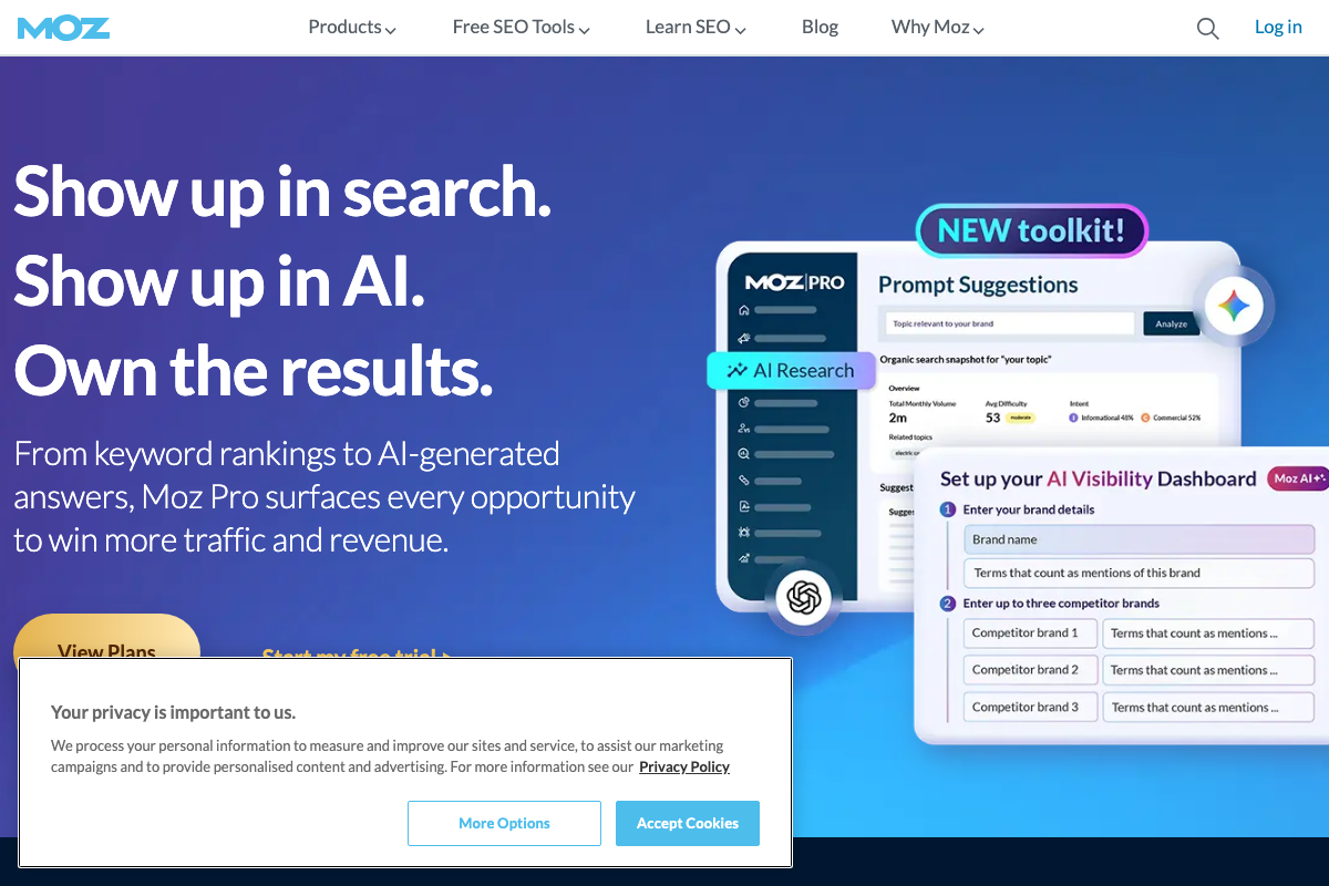 Moz AI Visibility Dashboard setup form showing brand name, mention terms, and up to three competitor brand slots — all requiring their own mention terms fields.