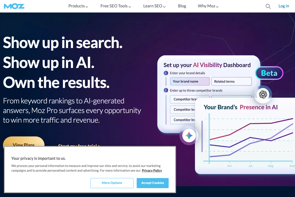 Moz homepage (moz.com) showing the AI Visibility Dashboard in Beta, with a 'Your Brand's Presence in AI' competitor-tracking UI — confirming that brand-level AI visibility is a trackable, product-level concern as of early 2026.
