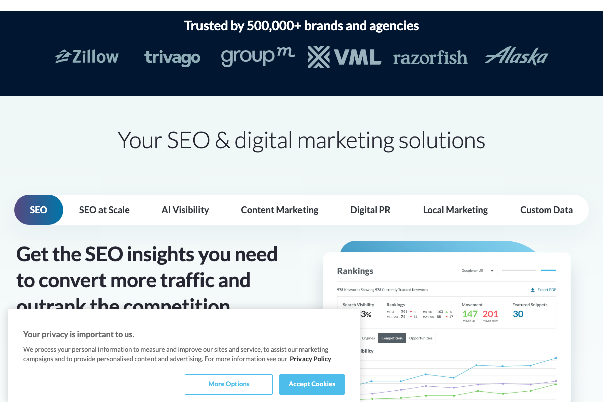 Moz product navigation (moz.com) showing 'AI Visibility' and 'Digital PR' as co-equal solution categories, with travel brand Trivago listed among 500,000+ customers — contextualizing the video's digital PR resurgence claim within established tooling.