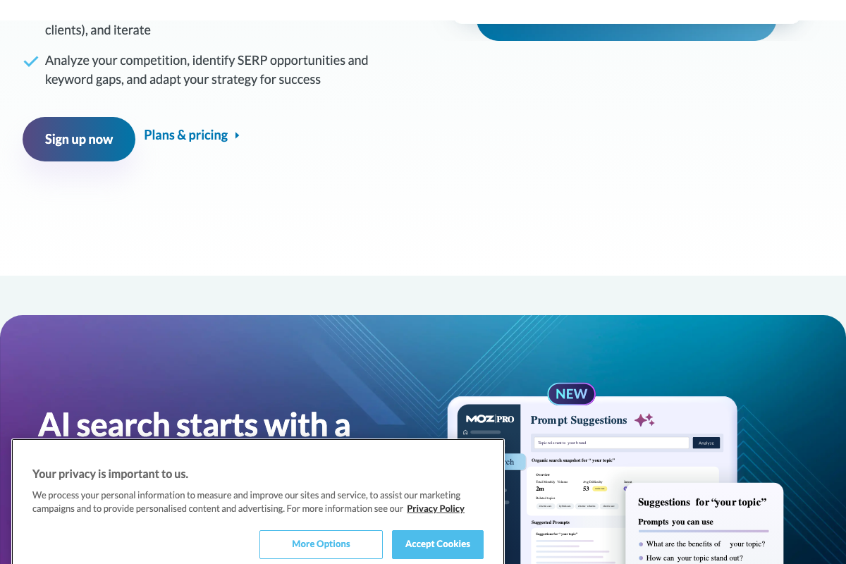 Moz Pro 'Prompt Suggestions' feature (moz.com, marked NEW) showing AI-search topic prompts — supporting the video's persona research pillar and illustrating how brands can identify the angles AI models use when surfacing travel content.