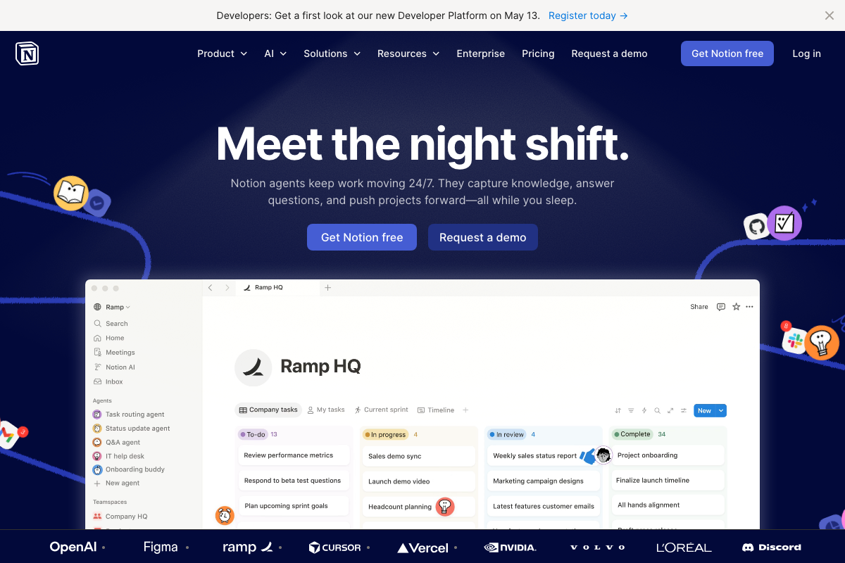 Notion homepage showing native Notion AI agents — a product layer distinct from MCP-based Claude Code integration.