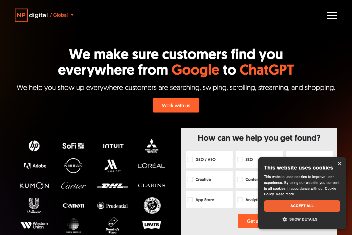 NP Digital homepage featuring the headline 'We make sure customers find you everywhere from Google to ChatGPT' with GEO/AEO listed as a distinct service checkbox.