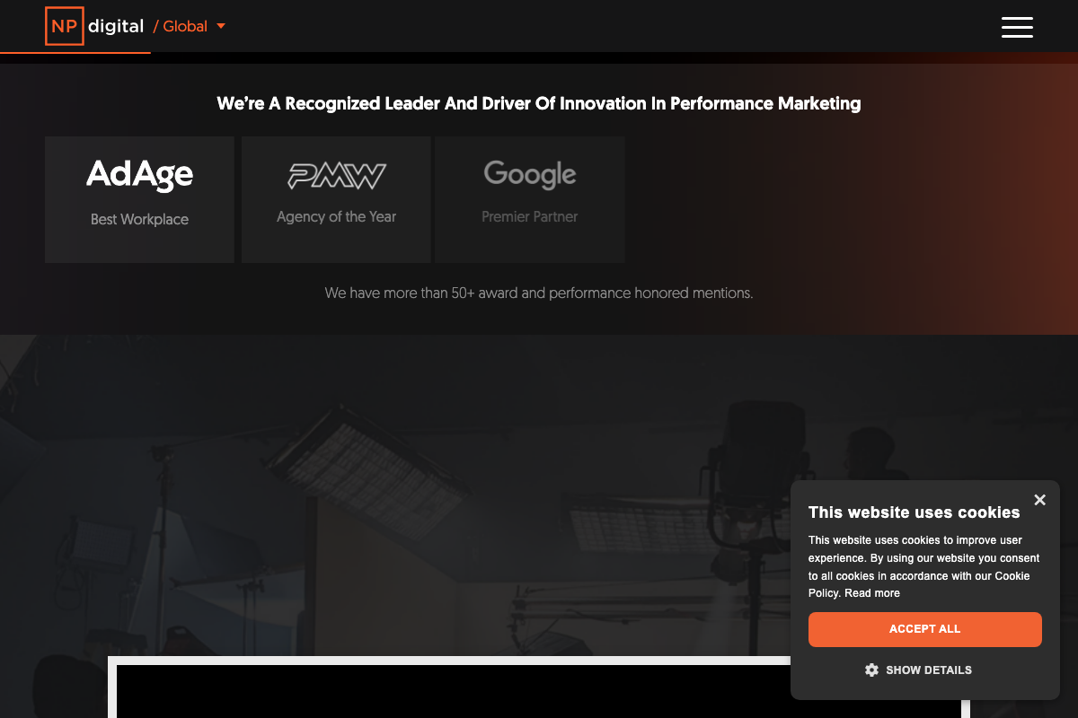 NP Digital awards section showing AdAge, PMW Agency of the Year, and Google Premier Partner recognition — illustrating the type of third-party brand signals described in Step 4
