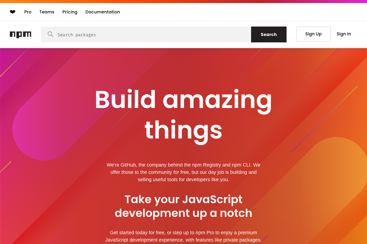 npm homepage (npmjs.com) confirming npm is owned by GitHub, with over 17M developers and 2M+ packages in the registry
