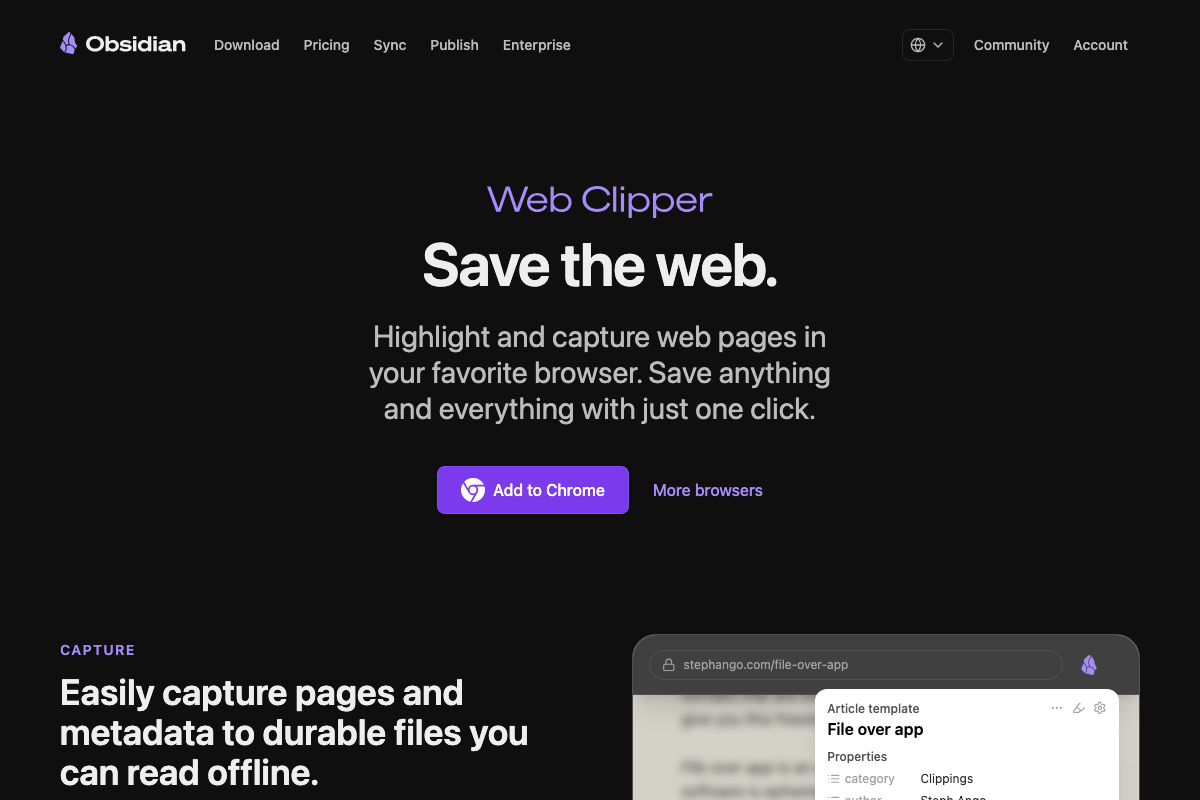 obsidian.md/clipper confirms the extension is available for Chrome and additional browsers; the free, open-source extension ships with YAML front-matter templating out of the box.