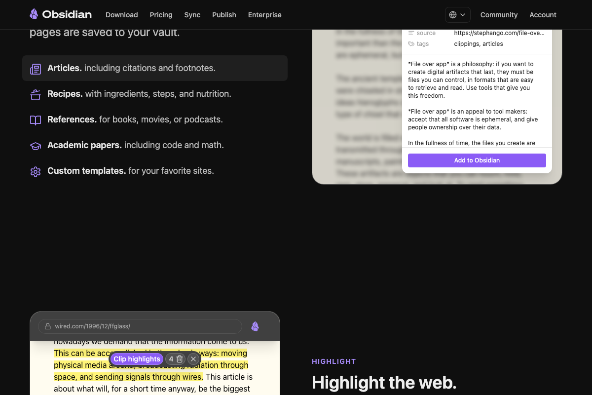 obsidian.md/clipper confirms supported content types including custom templates and one-click vault delivery.