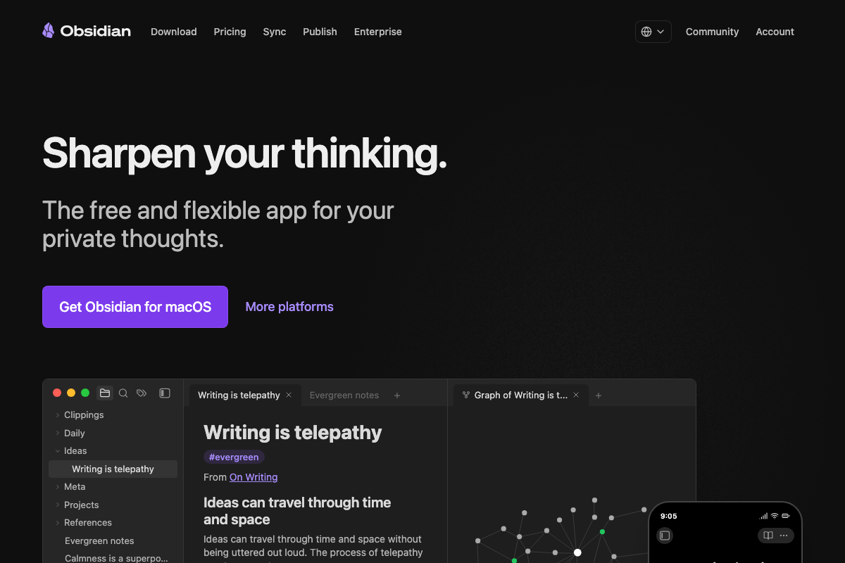 Obsidian homepage — free download for macOS and additional platforms.