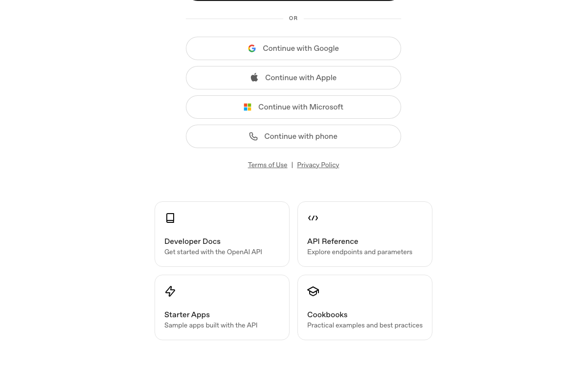 OpenAI Platform overview showing Developer Docs, API Reference, Starter Apps, and Cookbooks